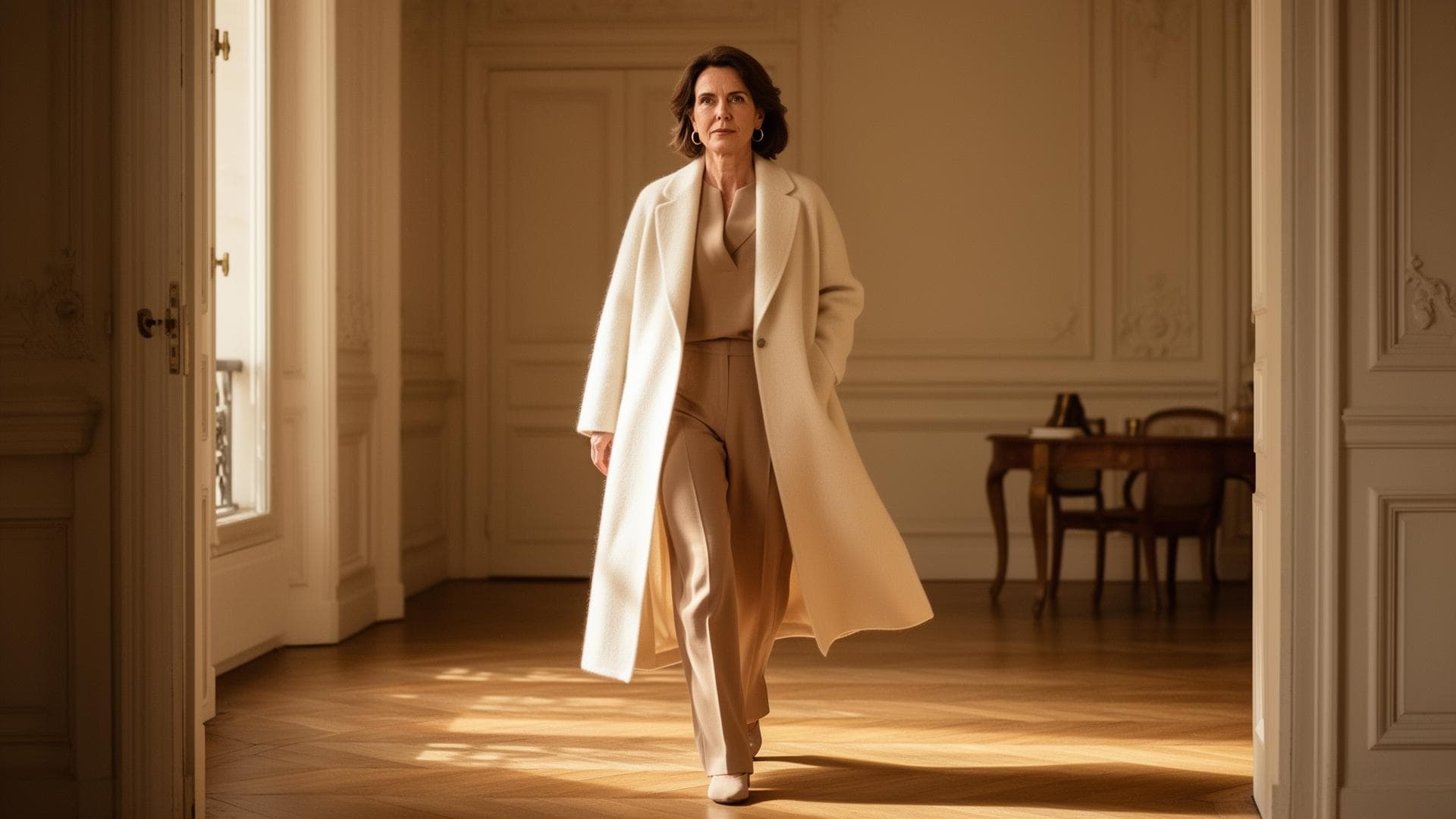 A woman in a cream cashmere coat in a Parisian apartment